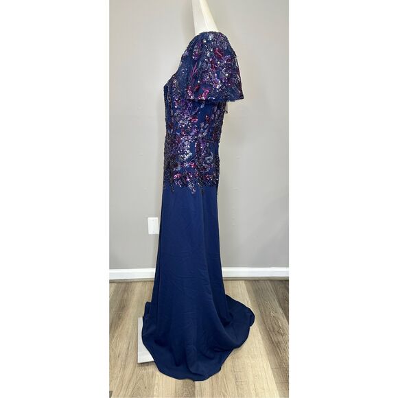 NWT Badgley Mischka Sweetheart Neck Beaded Lace Flutter-Sleeve Gown Navy Size 12 - Picture 6 of 9